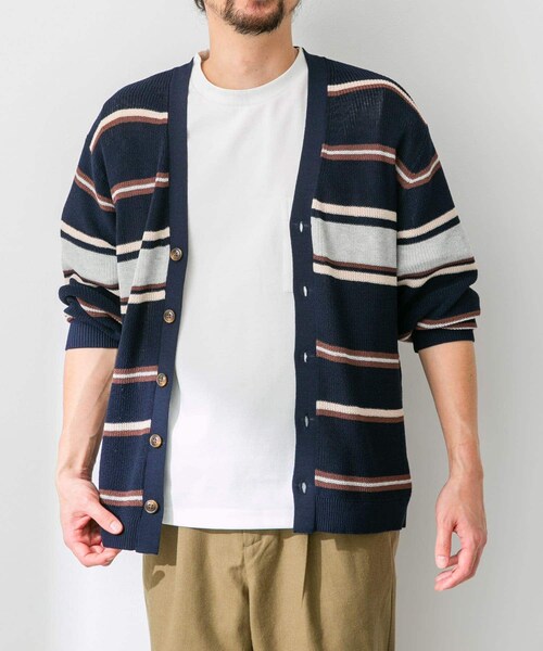 URBAN RESEARCH Sonny Label（アーバンリサーチサニーレーベル）の「マルチボーダーニットカーディガン（カーディガン/ボレロ・メンズ・ネイビー/オフ/イエロー・M/L）」の4枚目の写真