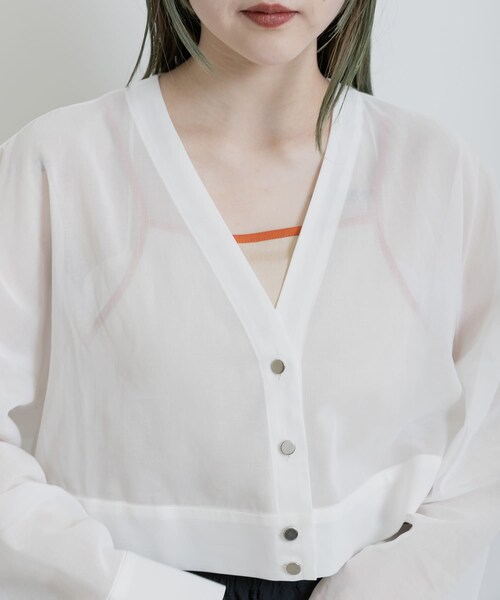 THE GOODLAND MARKET（ザグッドランドマーケット）の「『別注』MIDIUMISOLID×TGM　Organic cotton sheer cardigan（カーディガン/ボレロ・レディース・OFF/BLACK・one）」の16枚目の写真