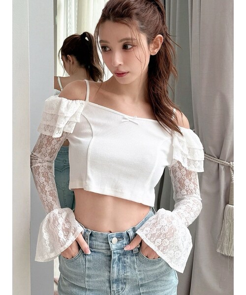 RESEXXY（リゼクシー）の「スリーブレースリブカットトップス（Tシャツ/カットソー・レディース・ホワイト/グレー/ブラック・F）」の2枚目の写真