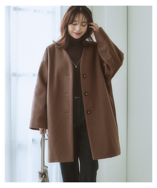 nissen（ニッセン）の「フェイクウールノーカラーコート（ノーカラーコート・レディース・黒/アイボリー/モカブラウン/サックス/ミント/ダスティピンク/グレージュ・S/M/L/LL/【旧】3L/【旧】4L/【旧】5L/【旧】6L/【旧】8L/【旧】10L/3L/4L/5L/6L/8L/10L）」の2枚目の写真