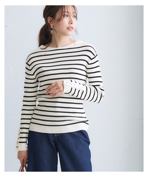 nissen（ニッセン）の「綿混ボートネックリブニット（ニット/セーター・レディース・オレンジ/ブラウン/アイボリー/黒/ローズ/杢グレー/オフホワイト×黒ボーダー・S/M/L/LL）」の8枚目の写真