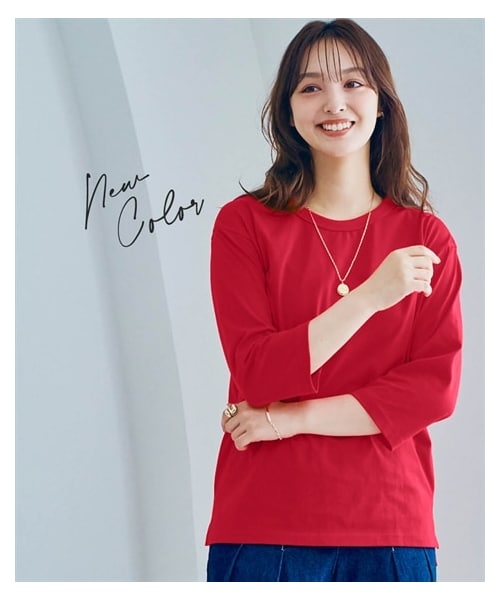 nissen（ニッセン）の「綿１００％汗染みしにくいクルーネック７分袖Ｔシャツ＜大きいサイズ有＞（Tシャツ/カットソー・レディース・黒/ネイビー/オフホワイト/グレイッシュモカ/モスカーキ/ロイヤルグリーン/スモークピンク/アプリコット/ライムイエロー/ダークグリーン/ラズベリー/グレイッシュパープル/ソフトピンク/赤・L/LL/3L/4L/5L/6L/8L/10L/M/S）」の14枚目の写真