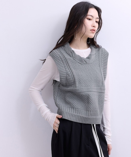 ADAM ET ROPE'（アダムエロペ）の「【WEB限定】ミックスパターンニットベスト（ベスト・レディース・ブラック/グレー/オフホワイト・F）」の6枚目の写真