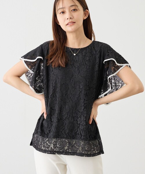 Jayro（ジャイロ）の「フレアースリーブレースブラウス（シャツ/ブラウス・レディース・ブラック/ホワイト系/サックス・M）」の2枚目の写真