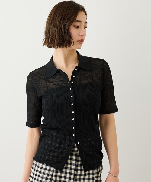 ROPE'（ロペ）の「シルクリネンポロ襟ニットカーディガン/イージーケア（カーディガン/ボレロ・レディース・ブラック/ネイビー/クリーム・F）」の2枚目の写真