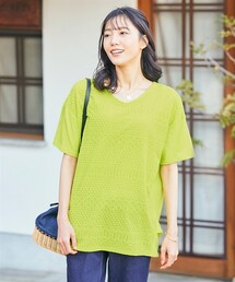 nissen | 大きいサイズ　５分袖コットンレース切替ゆるシルエットトップス(Tシャツ/カットソー)