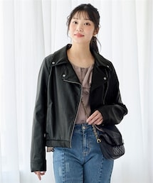 nissen | 大きいサイズ ラクしてキレイ見え　リブ使いフェイクレザーライダースジャケット(ジャケット/アウター)