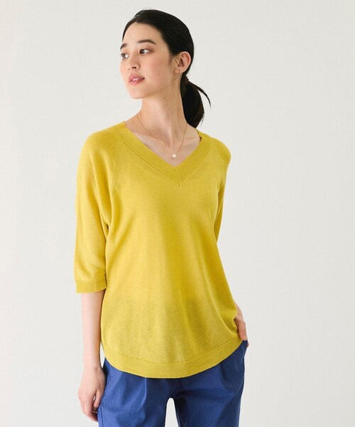 Jayro（ジャイロ）の「Ｖネック5分袖ニットトップス　　（ニット/セーター・レディース・グレー/ベージュ/モスグリーン/ネイビー/ブルー/ピンク/イエロー・F）」の11枚目の写真