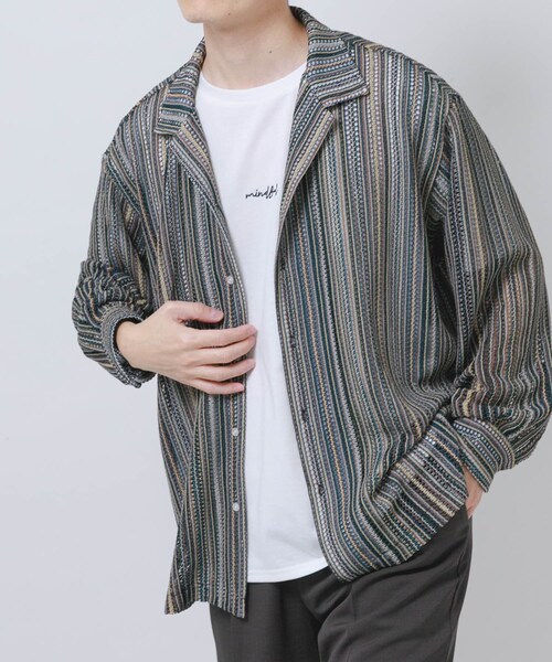 ITEMS URBANRESEARCH(アイテムズ アーバンリサーチ)の「マルチストライプレースオープンカラーシャツ(シャツ/ブラウス・メンズ・BLU/BLK/GRN・M/L)」の13枚目の写真