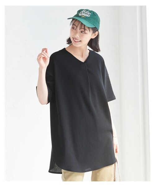 nissen（ニッセン）の「大きいサイズひんやり涼かワッフルＶネック５分袖ゆるチュニック（チュニック・レディース・ライトカーキ/スモーキーピンク/黒/グレージュ・L/LL/3L/4L/5L/6L/8L/10L）」の4枚目の写真