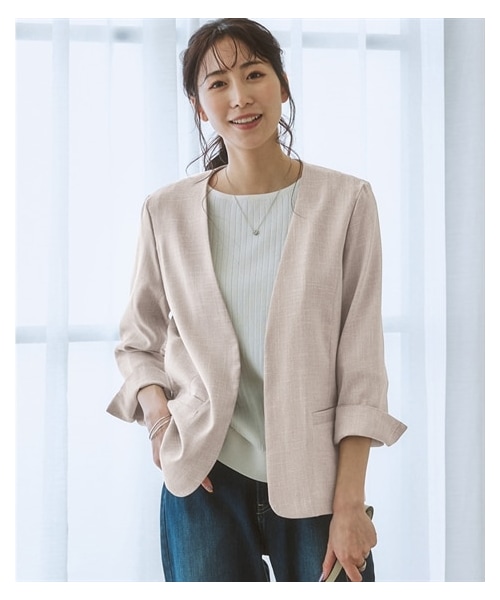 nissen（ニッセン）の「洗える麻調合繊７分袖ストレッチノーカラージャケット（接触冷感・防しわ・ストレッチ・UVカット）<大きいサイズ有>（ジャケット/アウター・レディース・ライトグレー系/ベージュ系/ネイビー系/ネイビーブルー系・S/M/L/LL/4L/5L/6L/3L）」の9枚目の写真