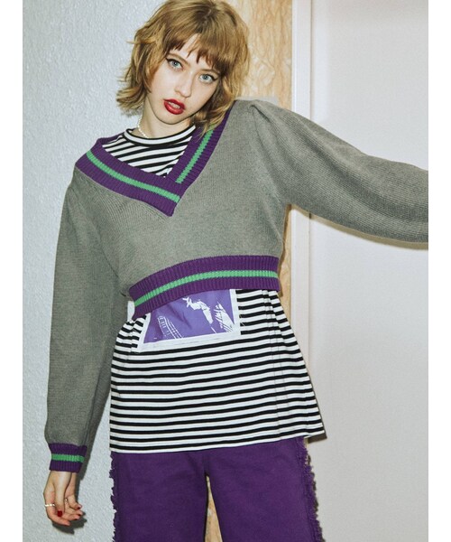 jouetie（ジュエティ）の「ラインショートニット（ニット/セーター・レディース・グレー/ブラック/ピンク/ボルドー・M）」の9枚目の写真