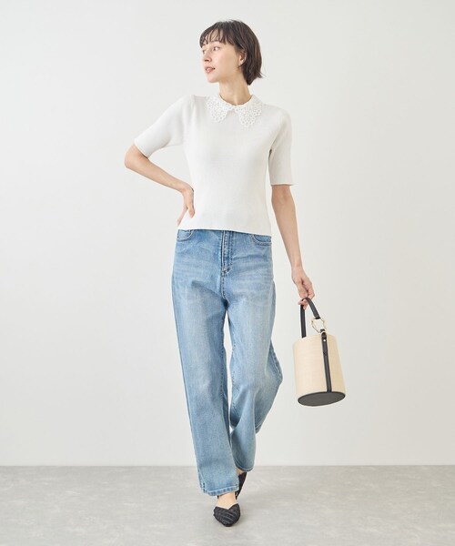 ROPE' PICNIC(ロペピクニック)の「レースカラーハーフスリーブリブニット(ニット/セーター・レディース・ライトグレー/オフホワイト/ネイビー・M/S)」の14枚目の写真