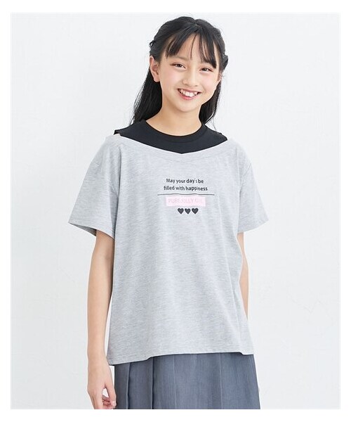 nissen（ニッセン）の「肩開き重ね着風半袖Tシャツ（女の子）（Tシャツ/カットソー・キッズ・オフホワイト/黒/杢グレー・140/150/160）」の8枚目の写真