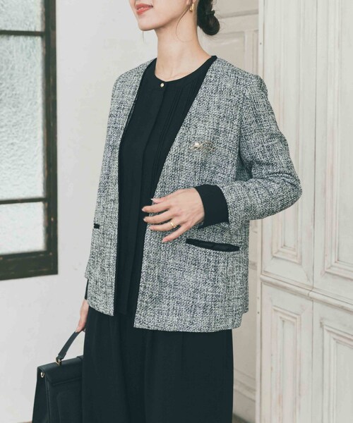 URBAN RESEARCH DOORS(アーバンリサーチドアーズ)の「ツィードVネックロングジャケット(その他アウター・レディース・OFF×BLK/NAVY・Free)」の8枚目の写真