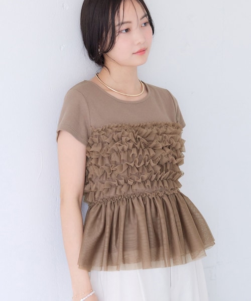 VIS（ビス）の「【夏トク価格】チュールフリルドッキングフレンチスリーブ/UVケア（Tシャツ/カットソー・レディース・チャコール/オフホワイト/ブラウン系・F）」の3枚目の写真
