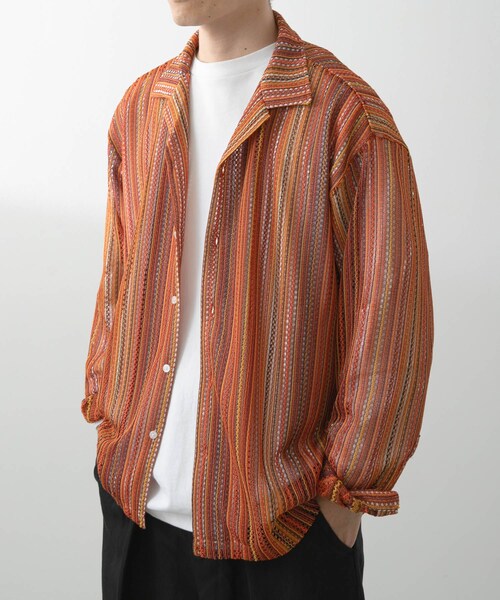 ITEMS URBANRESEARCH（アイテムズ アーバンリサーチ）の「マルチストライプレースオープンカラーシャツ（シャツ/ブラウス・メンズ・BLK/BLU/GRN/ORG・M/L）」の2枚目の写真