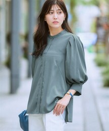 7days Life Styling | タックボリューム８分袖プチハイネックブラウス（しわになりにくい・UVカット・タンブル乾燥OK）(シャツ/ブラウス)