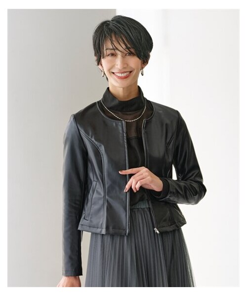 nissen（ニッセン）の「フェイクレザーノーカラージャケット【OtonaSMILE】（ジャケット/アウター・レディース・黒/キャメル・M/L/LL/3L/4L/5L/6L）」の7枚目の写真