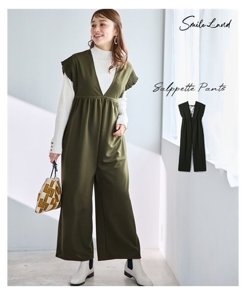 nissen（ニッセン）の「＜大きいサイズ＞フリルデザインやわらかサロペットパンツ（ゆったりヒップ）（オールインワン・サロペット・レディース・カーキ/黒・L/LL/3L/4L/5L/6L/8L/10L）」の4枚目の写真