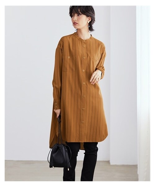 nissen（ニッセン）の「大きいサイズバンドカラーシャツチュニック（シャツ/ブラウス・レディース・オフホワイト(無地)/黒系ストライプ/キャメルブラウン系ストライプ/スモーキーブルー系ストライプ・L/LL/3L/4L/5L/6L/8L/10L）」の16枚目の写真