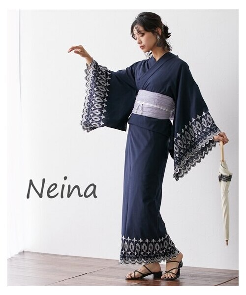 【浴衣】デザイン刺しゅう浴衣（ゆかた＋へこ帯） Neina