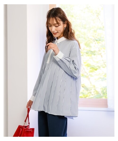 nissen（ニッセン）の「大きいサイズ タックシャツチュニック（シャツ/ブラウス・レディース・ネイビー系/オフホワイト系/マリーゴールド系/黒系/ダークネイビー(無地)/ラベンダー系・L/LL/3L/4L/5L/6L/8L/10L）」の7枚目の写真