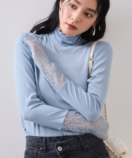 VIS（ビス）の「袖クシュクシュハイネックテレコインナープルオーバー/静電気防止・イージーケア（Tシャツ/カットソー・レディース・ブラック/オフホワイト/グレー/サックス・F）」の5枚目の写真