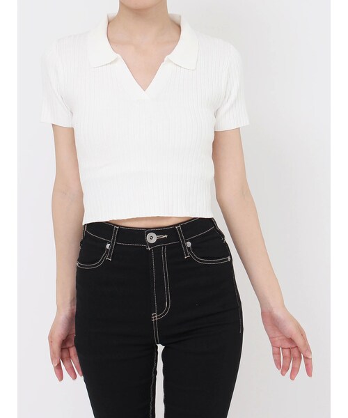 GYDA（ジェイダ）の「BACK OPENハーフスリーブPOLOニットトップス（ニット/セーター・レディース・オフホワイト/ブラック/ミックス・F）」の2枚目の写真