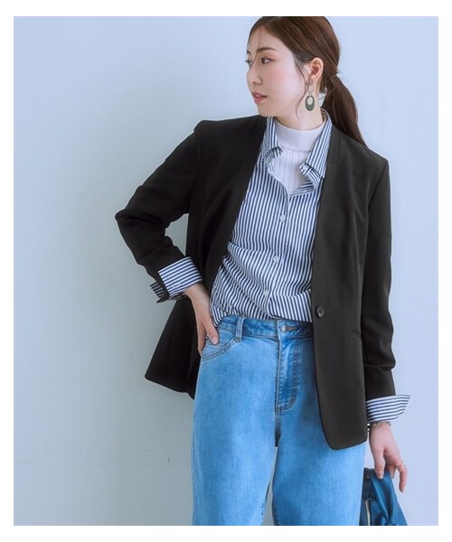 nissen（ニッセン）の「洗えるストレッチダブルクロスノーカラージャケット（ストレッチ・しわになりにくい・ＵＶカット・洗濯機OK）（選べる２レングス）<大きいサイズ有>（ジャケット/アウター・レディース・モカ/ライトグレー/黒/ネイビー/ブラウン・S/M/L/LL/3L/4L/5L/6L）」の10枚目の写真