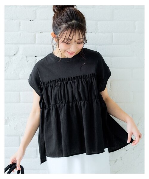 nissen（ニッセン）の「綿100％異素材使いティアードプルオーバー＜大きいサイズ有＞（Tシャツ/カットソー・レディース・ロイヤルブルー/黒・S~M/L~LL/3L~4L）」の4枚目の写真