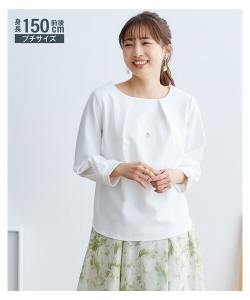 nissen（ニッセン）の「小さいサイズ　アクセサリー付きタック９分袖カットソー　低身長さん・小柄女性（Tシャツ/カットソー・レディース・オフ/ネイビー・PSS/PS/PM/PL）」の5枚目の写真