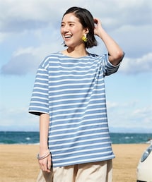 nissen | 大きいサイズ　綿100％素材ルーズシルエットバスクＴシャツ　５分袖(Tシャツ/カットソー)