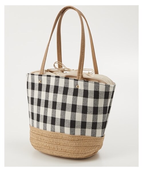 nissen（ニッセン）の「polka polka(ポルカポルカ)雑材ペーパーコンビトートバッグ（トートバッグ・メンズ・チェックブラック/チェックベージュ/ポップコーンアイボリー/ポップコーンブラック・Y）」の2枚目の写真