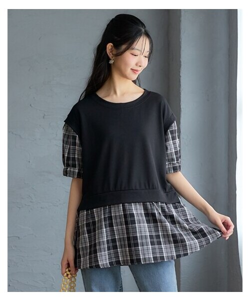 nissen（ニッセン）の「＜大きいサイズ＞異素材使いフェイクベストトップス（Tシャツ/カットソー・レディース・黒/ブルー・L/LL/3L/4L/5L/6L/8L/10L）」の9枚目の写真