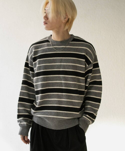 SENSE OF PLACE by URBAN RESEARCH(センスオブプレイスバイアーバンリサーチ)の「ウールブレンドボーダークルーネックニット(ニット/セーター・メンズ・BLACK/L.GRAY/GREEN・M/L)」の18枚目の写真