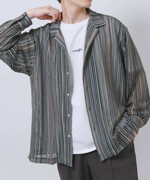 ITEMS URBANRESEARCH(アイテムズ アーバンリサーチ)の「マルチストライプレースオープンカラーシャツ(シャツ/ブラウス・メンズ・BLU/BLK/GRN・M/L)」の4枚目の写真