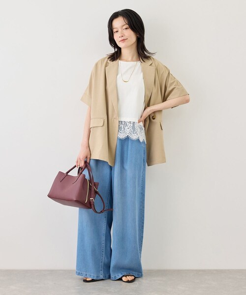 ROPE' PICNIC(ロペピクニック)の「レースドッキングフレンチスリーブトップス/UVカット・接触冷感・汗染み防止(Tシャツ/カットソー・レディース・ブラック/ホワイト/サックス/クリーム・F)」の12枚目の写真