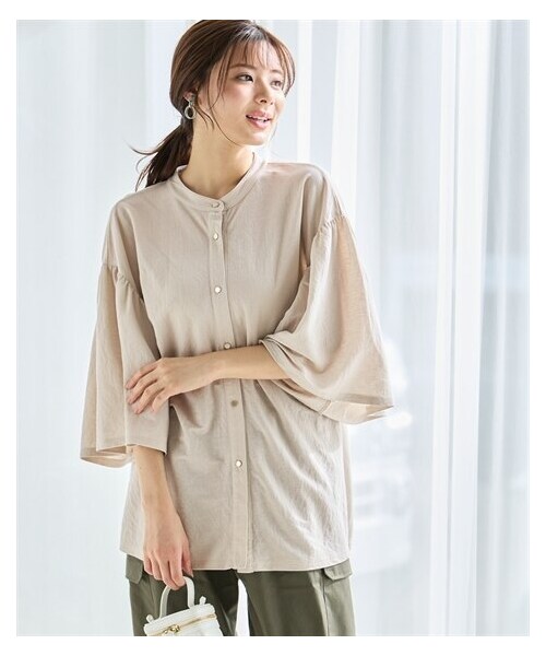 nissen（ニッセン）の「＜大きいサイズ＞美ラクRUタッチギャザーデザイントップス（接触冷感・抗菌防臭・UVカット・遮熱）（Tシャツ/カットソー・レディース・グレージュ/カーキグリーン/チャコール・L~LL/3L~4L/5L~6L/8L/10L）」の9枚目の写真