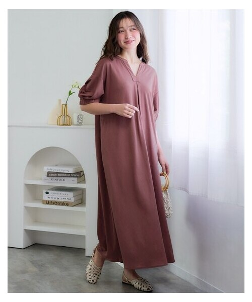 nissen（ニッセン）の「＜大きいサイズ＞美ラクRUタッチキーネックワンピース（接触冷感・抗菌防臭・UVカット・遮熱）（ワンピース・レディース・プラムブラウン/カーキグリーン/黒・L~LL/3L~4L/5L~6L/8L/10L）」の8枚目の写真