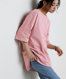 nissen | 綿１００％バスクオーバーサイズ５分袖チュニック（UVカット）＜大きいサイズ有＞(Tシャツ/カットソー)