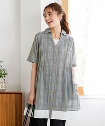 nissen | 大きいサイズ　綿１００％５分袖重ね着風シャツチュニック(チュニック)