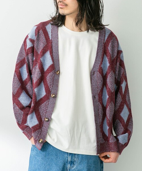 URBAN RESEARCH Sonny Label（アーバンリサーチサニーレーベル）の「ジャガードVネックニットカーディガン（カーディガン/ボレロ・メンズ・ボルドー/オフ/グリーン・M/L）」の4枚目の写真
