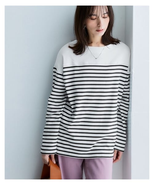 nissen（ニッセン）の「綿１００％スムースパネル風ボーダーカットソートップス＜大きいサイズ有＞（Tシャツ/カットソー・レディース・オフホワイト×ペールブルー/オフホワイト×ベージュ/ライトグレー×オフホワイト/オフホワイト×ネイビー/オフホワイト*ネイビー/ネイビー×モカ/オフホワイト×ミルキーピンク/(新色)オフホワイト×ミルキーピンク/オフホワイト×ミルキーグリーン/(新色)オフホワイト×ミルキーグリーン・S/M/L/LL/3L/4L/5L/6L/8L/10L）」の2枚目の写真