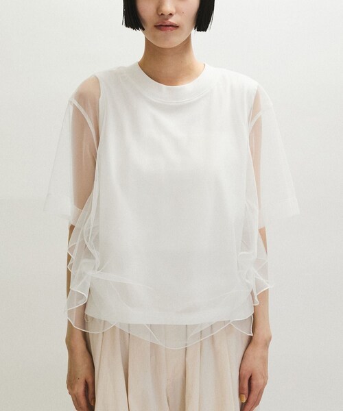 ADAM ET ROPE'(アダムエロペ)の「【WEB限定】・【サステナブル】・【定番】ギャザーチュールトップス(Tシャツ/カットソー・レディース・ブラック/ホワイト/ダークブラウン・F)」の16枚目の写真