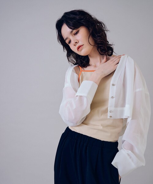 THE GOODLAND MARKET（ザグッドランドマーケット）の「『別注』MIDIUMISOLID×TGM　Organic cotton sheer cardigan（カーディガン/ボレロ・レディース・OFF/BLACK・one）」の5枚目の写真