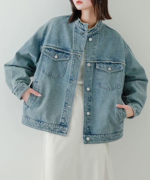 SENSE OF PLACE by URBAN RESEARCH(センスオブプレイスバイアーバンリサーチ)の「ルーズノーカラーデニムジャケット(デニムジャケット・レディース・L.INDIGO/D.INDIGO/BLACK・one)」の2枚目の写真