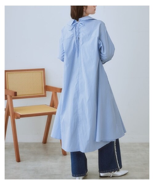 nissen（ニッセン）の「バックレースアップシャツワンピース＜大きいサイズ有＞（ワンピース・レディース・ピンク系ストライプ/ブルー系ストライプ/黒・S/M/L/LL/3L/4L/5L/6L/8L/10L）」の21枚目の写真