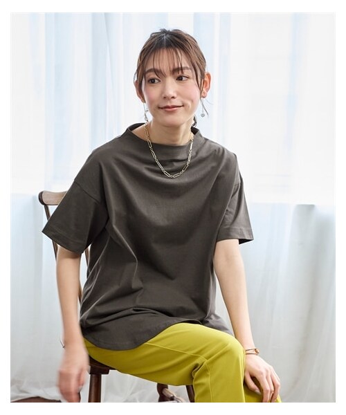 nissen（ニッセン）の「大きいサイズ ひんやりUSAコットン１００％ゆるシルエットモックネックチュニック（接触冷感・毛玉防止・UVカット）（チュニック・レディース・ソフトカーキ/オフホワイト系ボーダー/チャコールグレー/黒・L~LL相当/3L~4L相当/5L~6L相当/8L相当/10L相当）」の16枚目の写真