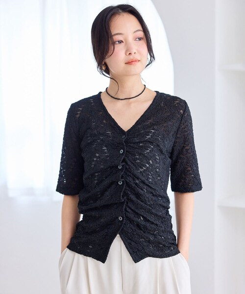 VIS(ビス)の「レース半袖フロントギャザートップス(Tシャツ/カットソー・レディース・ブラック/キナリ・F)」の11枚目の写真